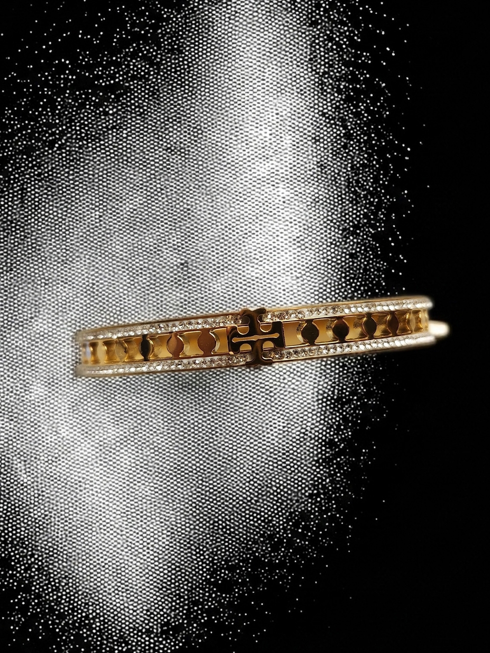 Tory Burch Gold Hinged Cutout Logo Bangle with Crystal Accents